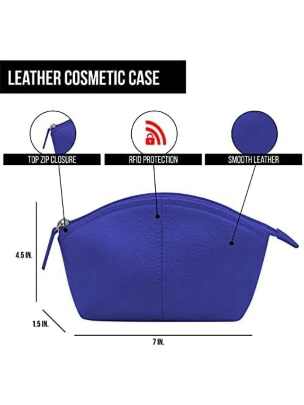 Genuine Leather RFID Blocking Makeup Pouch - Cobalt Blue Cosmetic Bag
